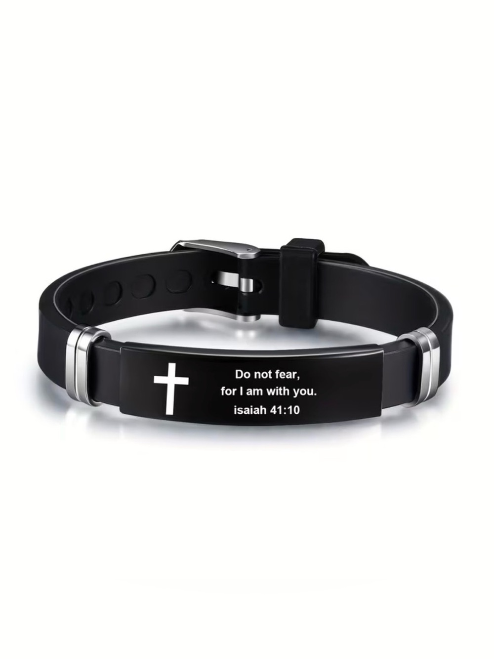 Men's Black Silicone Faith Bracelet with Cross and Isaiah 41:10 Engraving